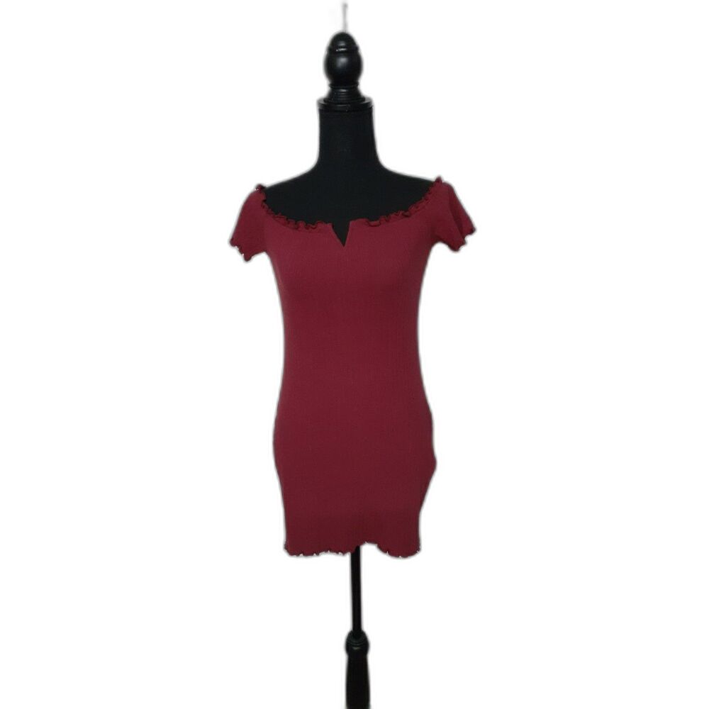 Shein Women’s Burgundy Solid Ribbed Knit Bodycon Short Dress M V-Neck  #504